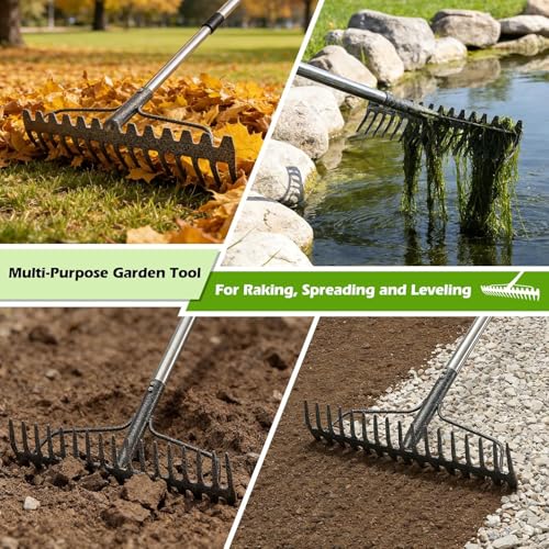 77-Inch Bow Rake, Heavy Duty Metal Garden Rake with 17 Tines & Adjustable Handle – Landscape Rake for Moving Gravel,Loosening Soil,Leveling Ground,Gathering Leaves,Spreading Mulch–Lawn Yard Farm Tool