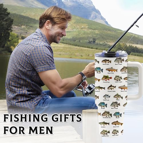 Fishing Coffee Mug, Fish Gifts for Dad, 40oz Tumbler, Fishing Gifts for Men with Handle and Straw, Christmas, Thanksgiving, Birthday Gifts for Fisherman, Party Supplies, Stainless Steel Cup