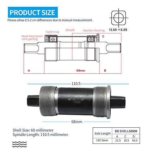 Hoypeyfiy BB-UN26 Square Taper Bottom Bracket 68 * 123/127 / 110mm (Black 1Pcs) (68x110mm) - size: 68*110mm