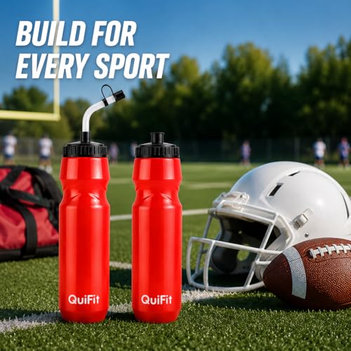 QuiFit Lacrosse Water Bottle with Long Straw, Hockey 1 Liter Water Bottles | 2 Lids Each, BPA Free Squeeze Lightweight, Leakproof Dishwasher Safe, For Helmet, Baseball (Red) - color: Red