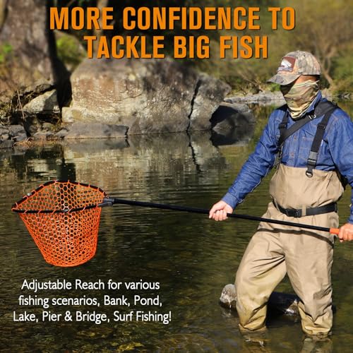 Rubber Fishing Landing Nets Telescopic Handle Nets Folding Nets with Collapsible Handle for Catch & Release Fishing Gift 17.6" dia-13.7" Depth Black/Orange