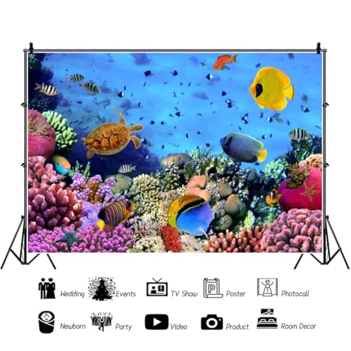 5x3ft Tropical Undersea Backdrop for Photography Under The Water Tropical Sea Coral Fish Sealife Background for Mermaid Theme Birthday Party Supplies Aquarium Decor Photo Shoot Props