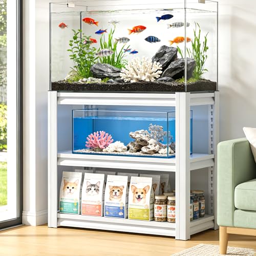 3-Tier Metal Fish Tank Stand, 34" W x 18" D x 31.5" H, Adjustable Heavy Duty Aquarium Rack, 660 lbs Capacity, Black (Antique White) - color: Antique White