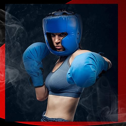 Kanayu 3 Pcs Boxing Headgears 3 Pair Gloves Set - color: Black, Blue, Red