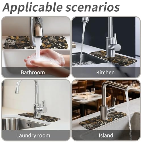 Kitchen Sink Splash Guard,small-flowers and leaves- Faucet Mat Sink Gadgets-Super Absorbent Fast Drying Mat Drip Catcher for Kitchen, Bathroom,Sink Mat, Dish Drying Mat, Bathroom(15" X 5.5" )