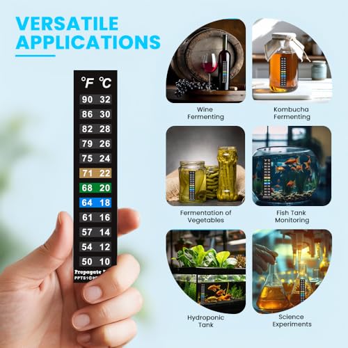 Stick On Thermometer Strip for Fish Tank, Aquarium Thermometer, Kombucha, Beer & Wine Fermentation - Vertical Temperature Strips w/Color-Changing Display, 50–90°F (10–32°C) (5-Pack)
