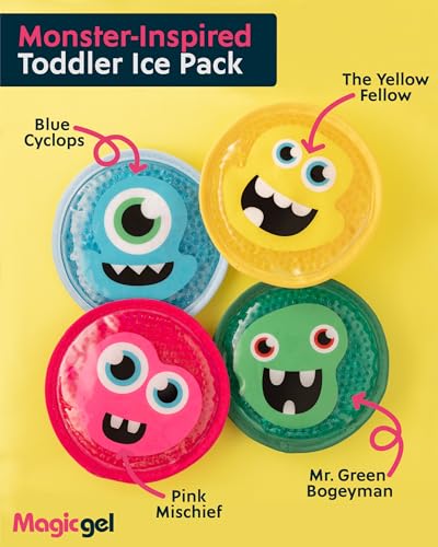 Magic Gel Kids Ice Packs for Boo Boos - Pack of 4 - Reusable Soft Ice Packs for Kids - Small Squishy Gel Pack for Baby or Toddler - Fun Cute Monster Design - style: XS 4 Packs Children's Ice Pack