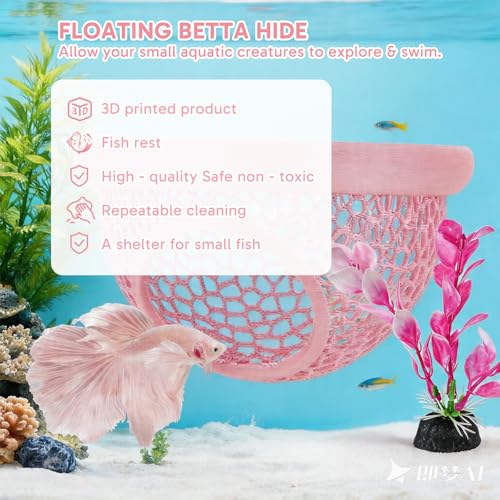3 Pack Pink Fish Tank Decor Set, 1 Pcs Betta Hammock and 2 Pcs 4 Inch Artificial Aquarium Plants, Aquarium Accessories for Betta Fish, Shrimp and Small Fish, Ideal for Aquatic Pet Habitat