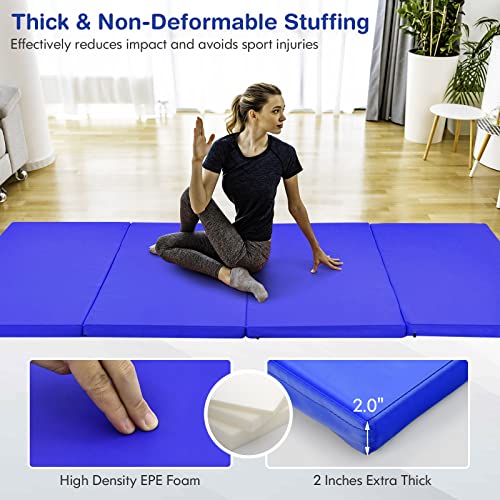 GYMAX Gymnastics Mat, 4 FT x 8 FT x 2 Inches Folding Exercise Mat w/Carry Handles & Sturdy Stitching Waterproof Cover, Tumbling Mat for Yoga Stretching Martial Arts Home Gym - color: Dark Blue