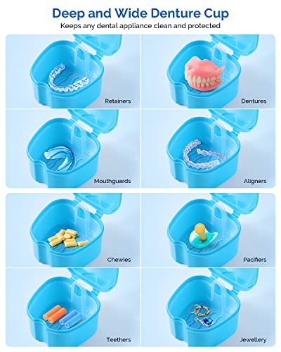 JMU 2 Pcs Denture Bath Case, Denture Cup with Strainer Basket Tray - color: Navy Blue,Teal Blue