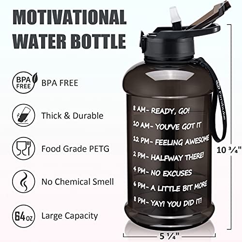 Fimibuke Half Gallon Water Bottle with Sleeve 64 OZ Water Bottle with Handle & Straw Leakproof Motivational Sports Gym Water Bottle with Time Marker BPA Free Water Jug with Reusable Neoprene Holder - color: Black, Grey