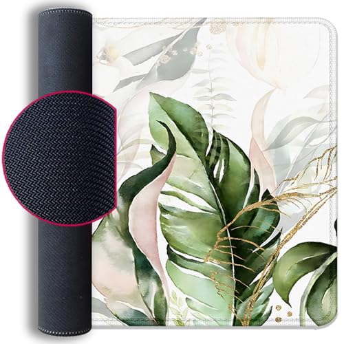 Green Tropical Leaves Mouse Pad Desk Pad,Green Sage Plant Extended Gaming Mouse Mat with Stitched Edges Non-Slip Waterproof Rubber Base Mous Mat for Office Home Game Desk Pad(27.5X11.8 in)
