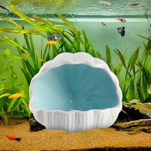 Cute Betta Fish Tank Accessory Decorations Ceramic Conch Shell-Shaped House Aquarium Decor Thematic Ornament Hideout Cave for Shrimp Fish Playing or Hiding (Blue, Small with 50pcs Pearl)