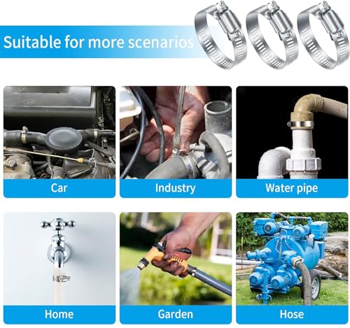 20Pcs Adjustable Stainless Steel Hose Clamps Assortment Kit, 1/4-2 in (6-51mm) Worm Gear Pipe, Fuel LineHeavy Duty for Plumbing, Washing Machine, Mechanical,Garden and Automotive Hose Connections
