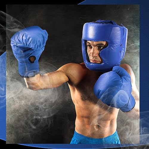 Kanayu 14 Pcs Boxing Gloves and Headgear Set for Beginners Youth 16 Ounce Boxing Gloves Headgear Helmet Hand Wraps Mouth Guards Equipment for Beginners Training Equipment Gifts - color: Black, Blue