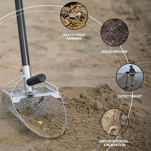 Sand Scoops for Beach Metal Detecting Stainless Steel Beach Metal Detecting Shovel Underwater Treasure Hunting, Metal Detector Accessories(Bag + Scoop + Carbon Fiber Handle), (11x7 + Handle) - size: 11 x 7 in + Handle