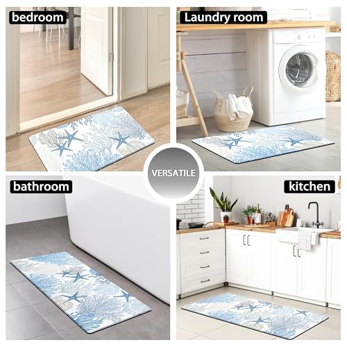 Coastal Kitchen Rugs and Mats Set of 2 Beach Nautical Blue Kitchen Decor Anti Fatigue Cushioned Kitchen Floor Mats Non Slip Waterproof Standing Mat for Laundry Office
