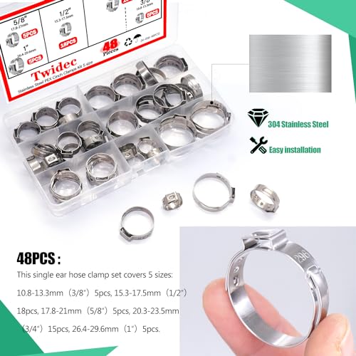 Twidec/48PCS 3/8",1/2",3/4",5/8",1" PEX Cinch Clamps Kit 5 size,Stainless Steel Pex Crimp Rings,Single Ear Hose Clamps For Pex Pipe Fitting Connections N-058-48PCS