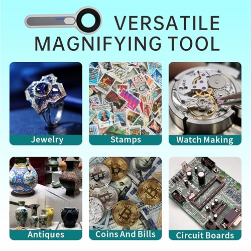 Handheld Magnifier 60X with UV&LED Lights Jeweler Loups Magnifying Glass with 30mm Optical Lens, Touch Light Control, Battery LED Indicator, Rechargeable Loupe Magnifier for Gemstones Watches Plants - size: 60X with Touch Light