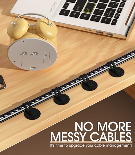 Cable Management Under Desk, Adjustable Self-Adhesive Silicone Cable Ties Cord Organizer, Reusable Heavy-Duty Cord Holder Under Table for Office, Home, School (10Pcs-Black)