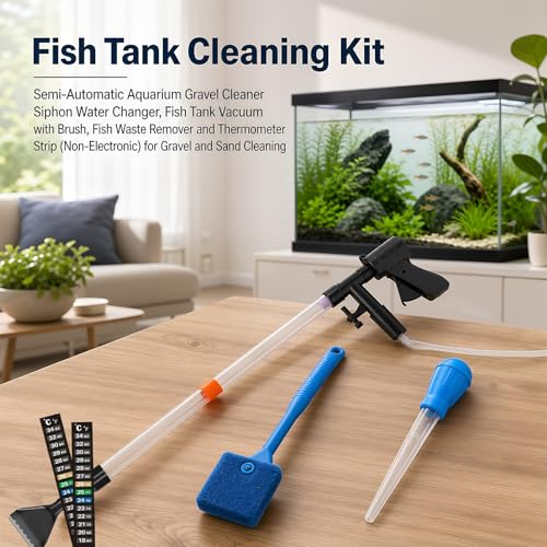 Fish Tank Cleaning Kit, Semi-Automatic Aquarium Gravel Cleaner Siphon Water Changer, Fish Tank Vacuum with Brush, Fish Waste Remover and Thermometer Strip (Non-Electronic) for Gravel and Sand Cleaning