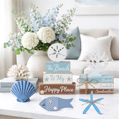 11 Pcs Beach Table Decorations Set Ocean Tiered Tray Decor Summer Wood Block Sign Gift the Beach Is My Happy Place Starfish Seashell Coastal Centerpiece Summer Party Supplies Shelf - style: Beach
