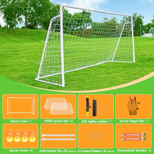 Soccer Goal 12x6,10x6.5, 8x6, 6x4FT Soccer Goals for Backyard Metal Soccer Goals for Kids Youth Adults Large Outdoor 2" Steel Soccer Goal Post Frame with Soccer Net Target Net Agility Ladder - size: 12×6 FT