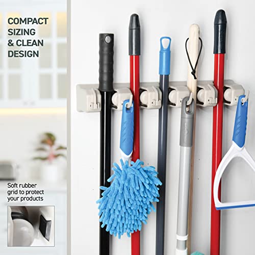 HOME IT Mop and Broom Holder Wall Mount Hanger, Heavy Duty 5 Slots 4Hooks - color: Off-White, size: 1 Pack 5-position, 6-Hooks