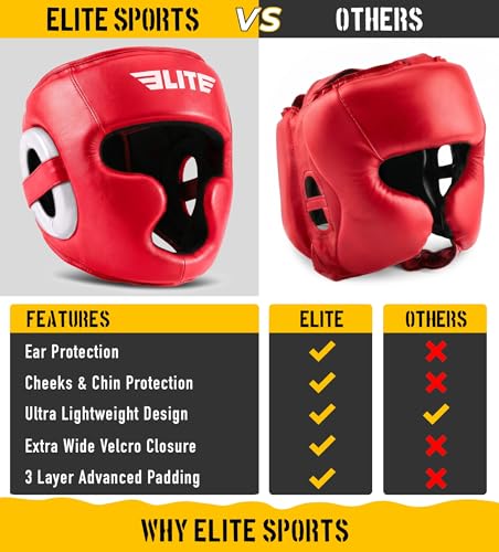 Elite Sports Boxing Headgear Men, Boxing Head Guard Sparring Gear, MMA Headgear Kickboxing Muay Thai Training Helmet, Protective Fighting Gear, Adjustable Face Protection - color: Red