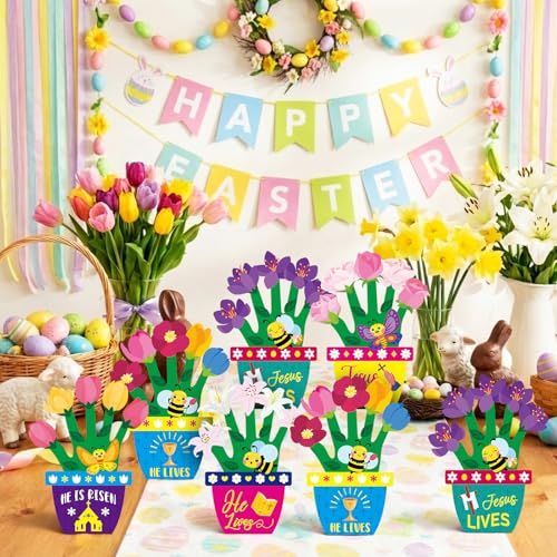 Frienda 48 Sets Easter Religious Crafts Easter He is Risen Christian Crafts DIY Hand-Print He is Risen Arts Kit for Activities Party - style: Handprint