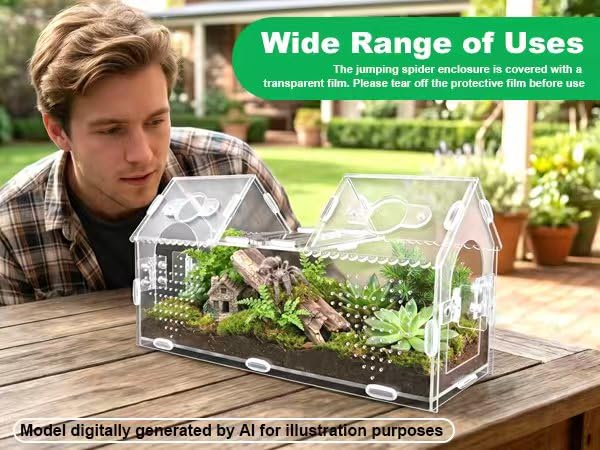 Jumping Spider Enclosure-Large Size Dual Space Tarantula Enclosure,Acrylic Side Door Double Feeding Port Spider Terrarium for Spider,Praying Mantis,Snail,Micro Reptile(12" L*3.6" W*6" H)