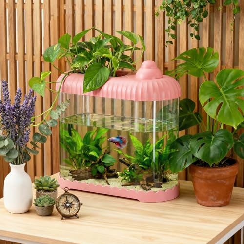 Pink 2 Gallon Plastic Aquaponic Betta Fish Tank Large Bowl Shatterproof Small Ecosystem Aquarium with Secure Buckle Lid, Clear Clarity for Terrarium, Flower Vase Betta Fish Tabletop Gifts - color: Pink