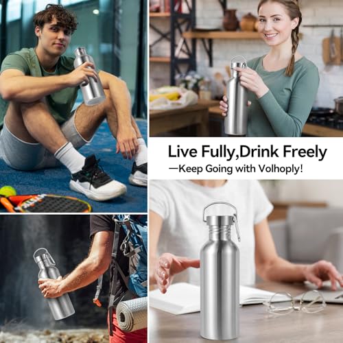Volhoply 32oz Uninsulated Single Walled Water Bottle, Stainless Steel Sports Water Bottles with Handle, BPA Free Lightweight Water Bottles for Hiking, Biking, Running(Silver,1) - color: silver