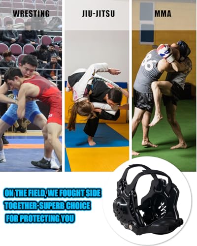 Wrestling Headgear, Youth Wrestling Head Gear with Chin Cup, Sorf Ear Guard for MMA, Jiu-Jitsu (for Users Age 10+) - color: Black
