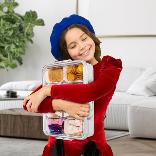 Divided Snack Serving Tray with Lid and Handle Travel Snackle Charcuterie Container Portable Storage Organizer for Candy, Fruits, Nuts, Snacks, Party, Picnic 2 Packs White