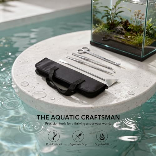 4 Pcs Aquatic Plant Tools for Aquarium, Aquascape Stainless Steel Kit, Tweezers, Scissors, Spatula with Canvas Bag, for Fish Tank Setup