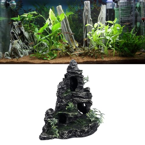 Aquarium Rockery Decoration, Fish Tank Resin Rockery with Hiding Cave, Realistic Mountain View Landscaping Stone for Freshwater and Saltwater Tanks, Safe Non -