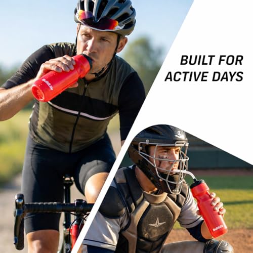 BuildLife 2 Pack Sports Water Bottle - Hockey Water Bottle with Long Straw and 2 lids (Straw and Squeeze) for Helmet Sports Hockey, Lacrosse, Football, Boxing, BPA Free,Dishwash Safe (Red) - color: Red