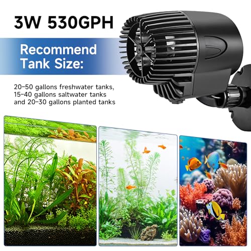 AQQA Wave Maker Pump, 530GPH Aquarium Circulation Pump 360 Degree Rotatable Submersible Powerhead Pump with Magnet Suction Base for Marine and Freshwater Aquariums(3W) - size: 3W