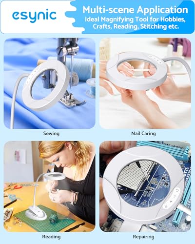 eSynic Desktop Magnifier with Light-40 LEDs- 5 Color Modes-10 Dimmable Brightness-Blue Light Blocking-5X & 10X Magnification-Flexible Gooseneck-Magnifying Lamp with Clamp & Base Stand– for Reading