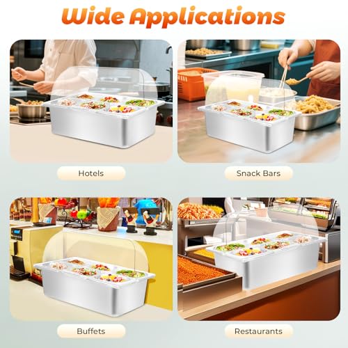 Countertop Ice Food Serving Display Tray, Buffet Cold Serving Cooler Platter with 90Β°Clear Roll Top Cover, 6 Pan Stainless Steel Food Serving Tray,Rubber Stoppers, Dual Use for Hot&Cold, Silvery
