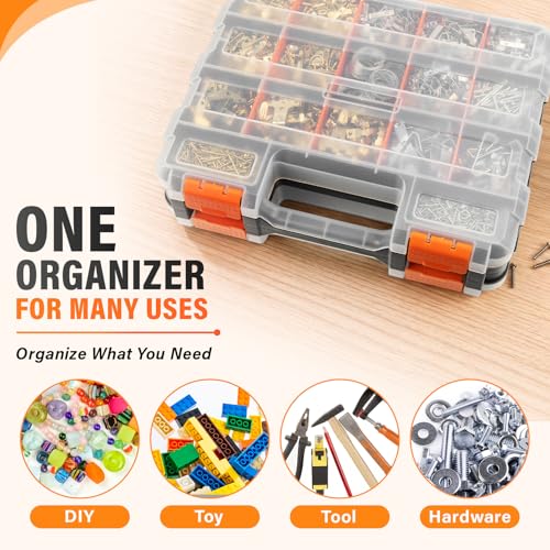 DIYSELF Tool Box Double-Sided, 34-Compartment Tool Organizer, Small Parts Organizer with Adjustable Space, Clear-Lid Small Storage Box for Hardware, Crafts, Beads, Jewelry and Fishing Accessories