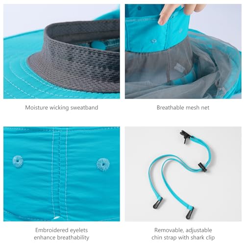 BASSDASH UPF 50+ Mosquito Sun Hat with Hidden Head Net and Neck Flap for Men Women Outdoor Fishing Hiking Camping - color: Light Sky Blue