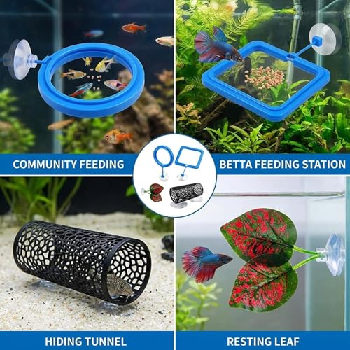 5pcs Fish Feeding Ring, Betta Feeding Ring and Hammock, Feeding Ring for Fish Tank and Aquarium, Assorted Blue Circular and Square Rings with Grass and Tunnel Accessories for Fish Feeding and Resting