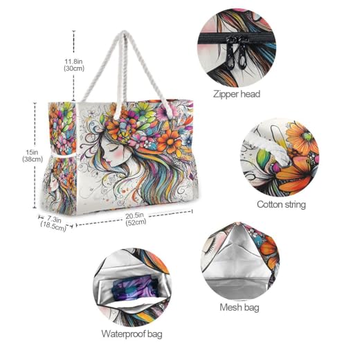 senya Large Beach Bags Totes Canvas Tote Shoulder Bag Soft Wave Water Resistant Bags for Gym Travel Daily Ocean - color: Girl With Flowers
