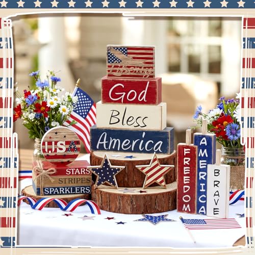 11 Pcs 4th of July Table Decorations Set Patriotic Tiered Tray Decor Set Blue Red White Table Centerpieces Sign for 4th of July Office Home Shelf 250th Anniversary - style: Patriotic