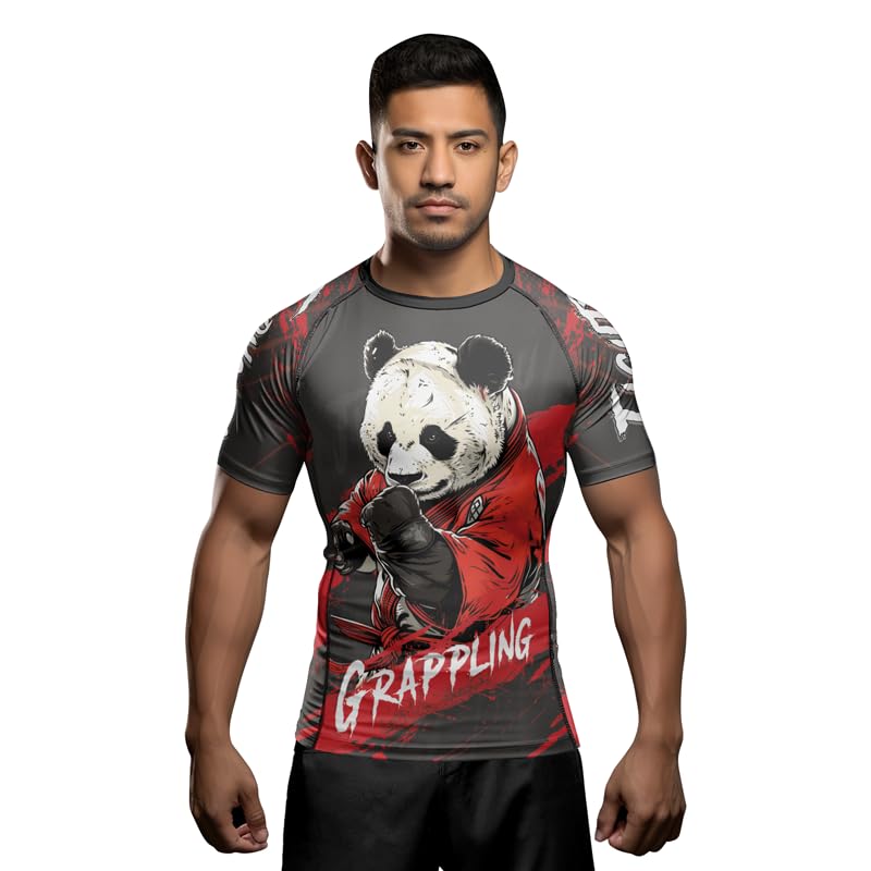 Panda Fighter Men's Short Sleeve Compression Rash Guard MMA Jiu Jitsu BJJ Grappling Base Layer Combat Shirt - color: V2, size: Small