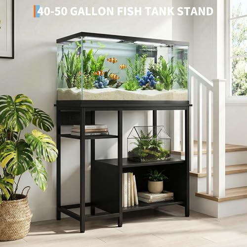 Heavy Duty 40-50 Gallon Aquarium Stand - Metal & Wood, 4-Tier Open Storage Shelves, Drawer, Power Outlets, Supports Reptile/Turtle Tanks, Home Storage Rack, 36.6" x 18.9" x 30.7" - Black - color: Black