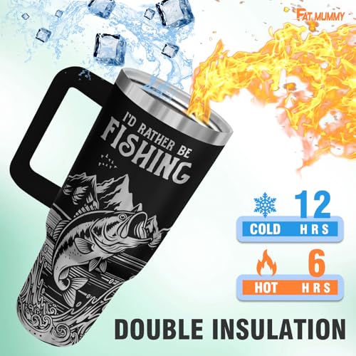 Fishing 40oz Insulated Tumbler With Handle And Straw, Laser Engraved Style Stainless Steel Travel Mug, Funny Fisherman Gift For Men, Dad, Fathers Day