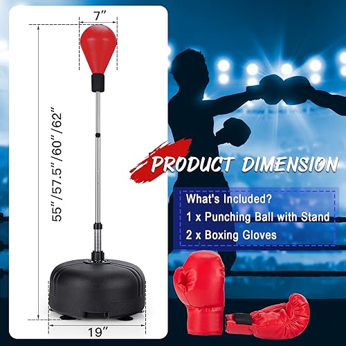 LDALY Punching Bag with Stand for Adults & Teens, Reflex Speed Bag with Gloves & 55”-62.5” Adjustable Height, Freestanding PU Boxing Bag for Home, Gym Workout Training, Stress Relief, Fitness - color: Red